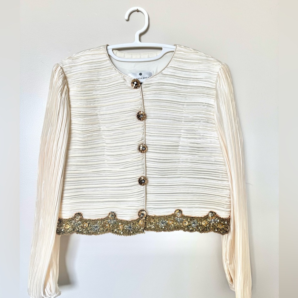 Saks Fifth Ave George F. Couture Cream Ivory Blazer Gold Sequin Bead Trim Pleats